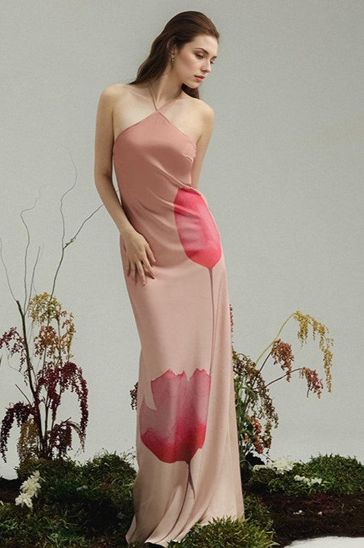 Floral Print Halter Backless High Waist Maxi Dress