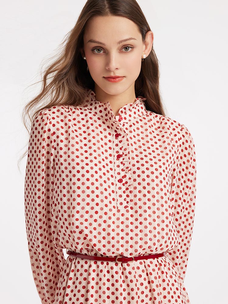 Gathered Waist Chiffon Polka Dot Midi Dress
