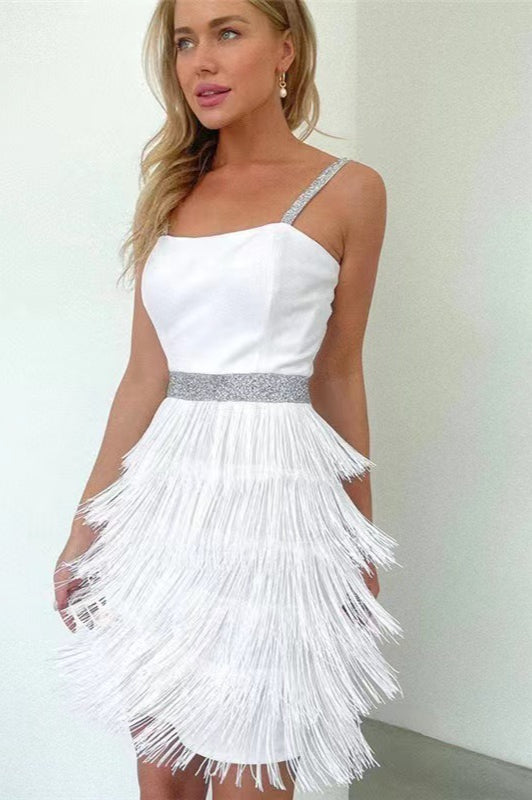 Spaghetti Strap Square Neck Rhinestone Waist Tiered Fringe Mini Cocktail Dress