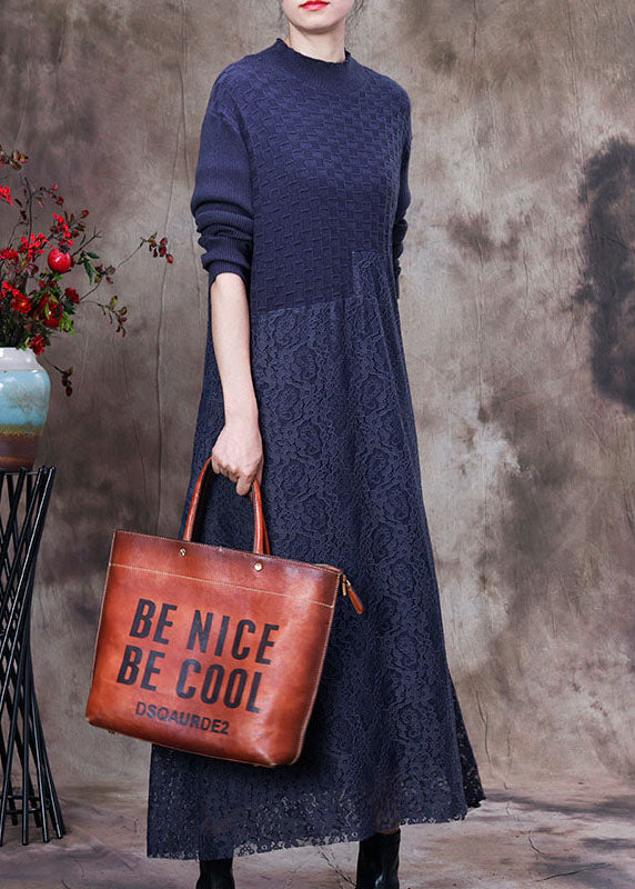Mock Neck Knit Bodice Lace Skirt Asymmetric Seam Maxi Dress