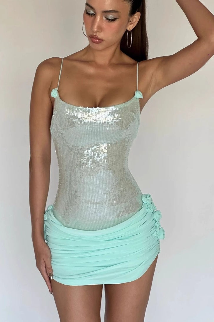 Sequin Scoop Neck Ruched Rosette Bodycon Mini Dress