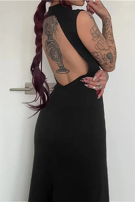 Halloween Gothic Rose Print Backless Long Dress