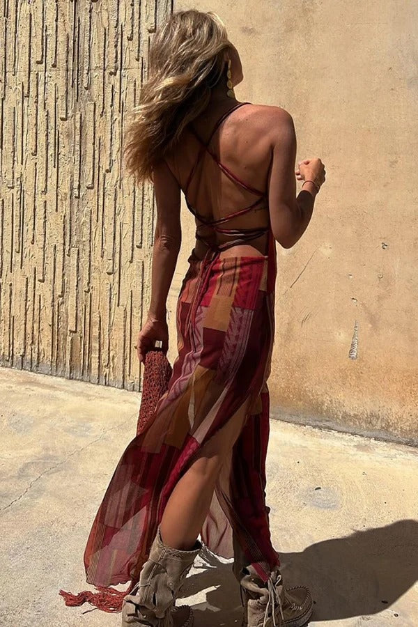 Backless Lace Up Fringe High Split Boho Maxi Dress