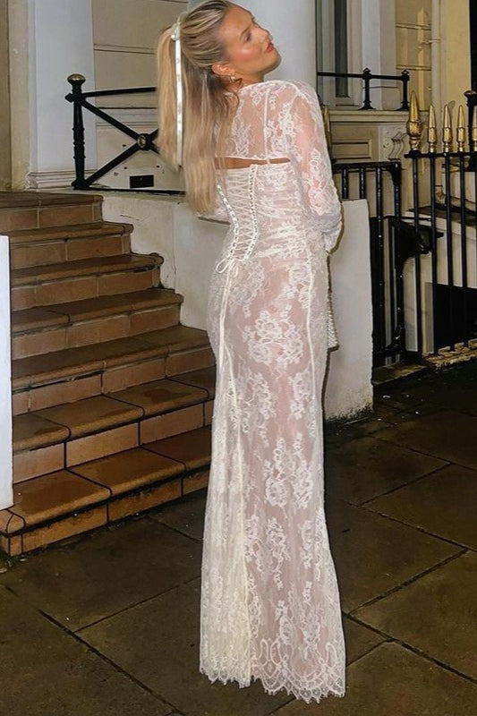 Floral Lace Ruched Long Sleeve Square Neck Mermaid Maxi Gown