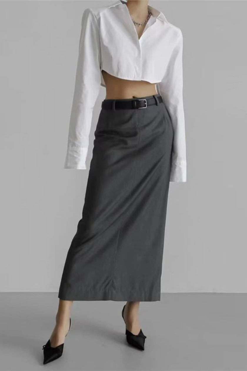 Wool Blazer Back Slit Midi Skirt