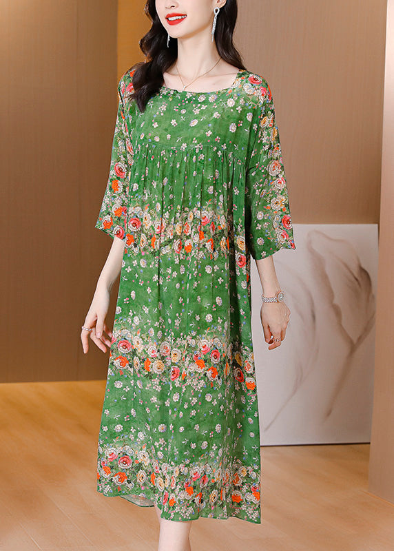 Floral Print Border Trim Round Neck Three Quarter Sleeve Empire Pleated Maxi Dress