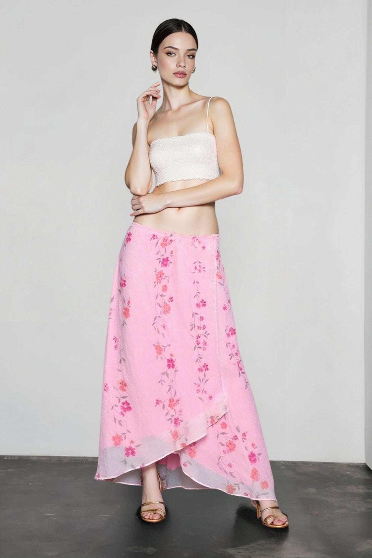 Floral Print Sheer Mesh Fold Over Waist Handkerchief Hem Midi Skirt 3