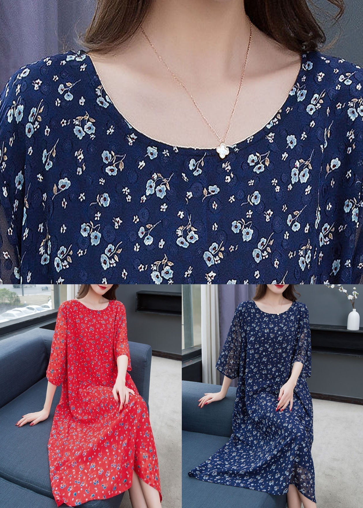Ditsy Floral Print Chiffon Round Neck Three Quarter Sleeve A-Line Midi Dress