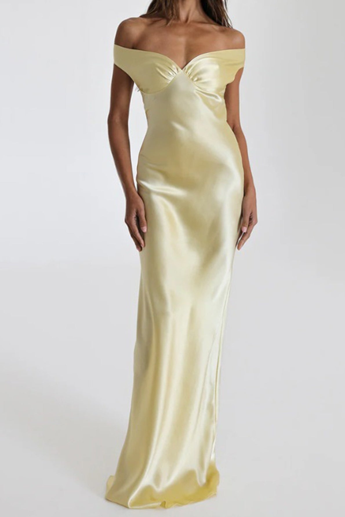 Satin Off Shoulder Ruched Bodycon Maxi Dress