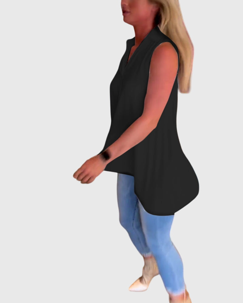 Collared Sleeveless High Low Blouse