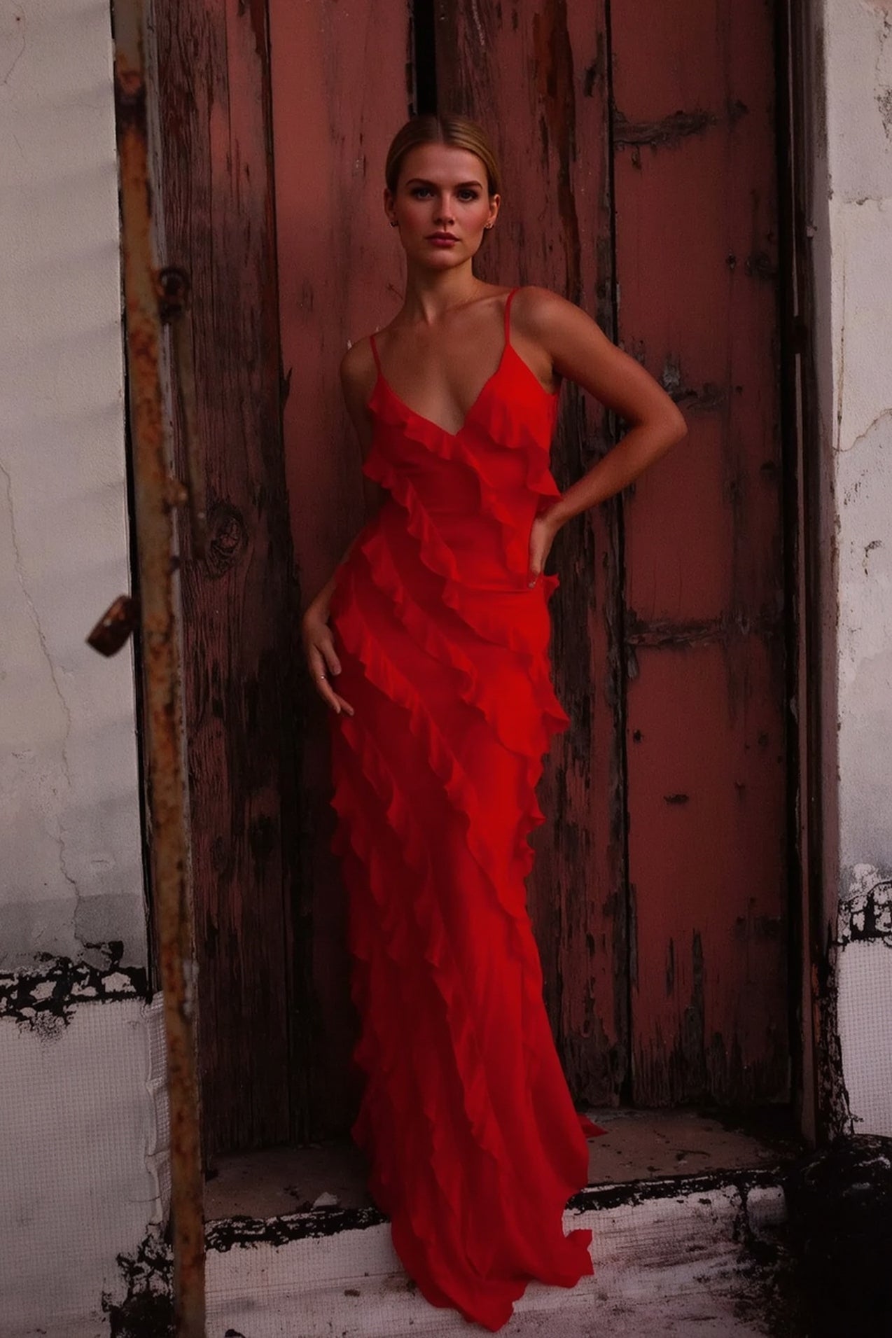 Sexy Backless Slit Fitted Spaghetti Strap Chiffon Ruffled Party Dress