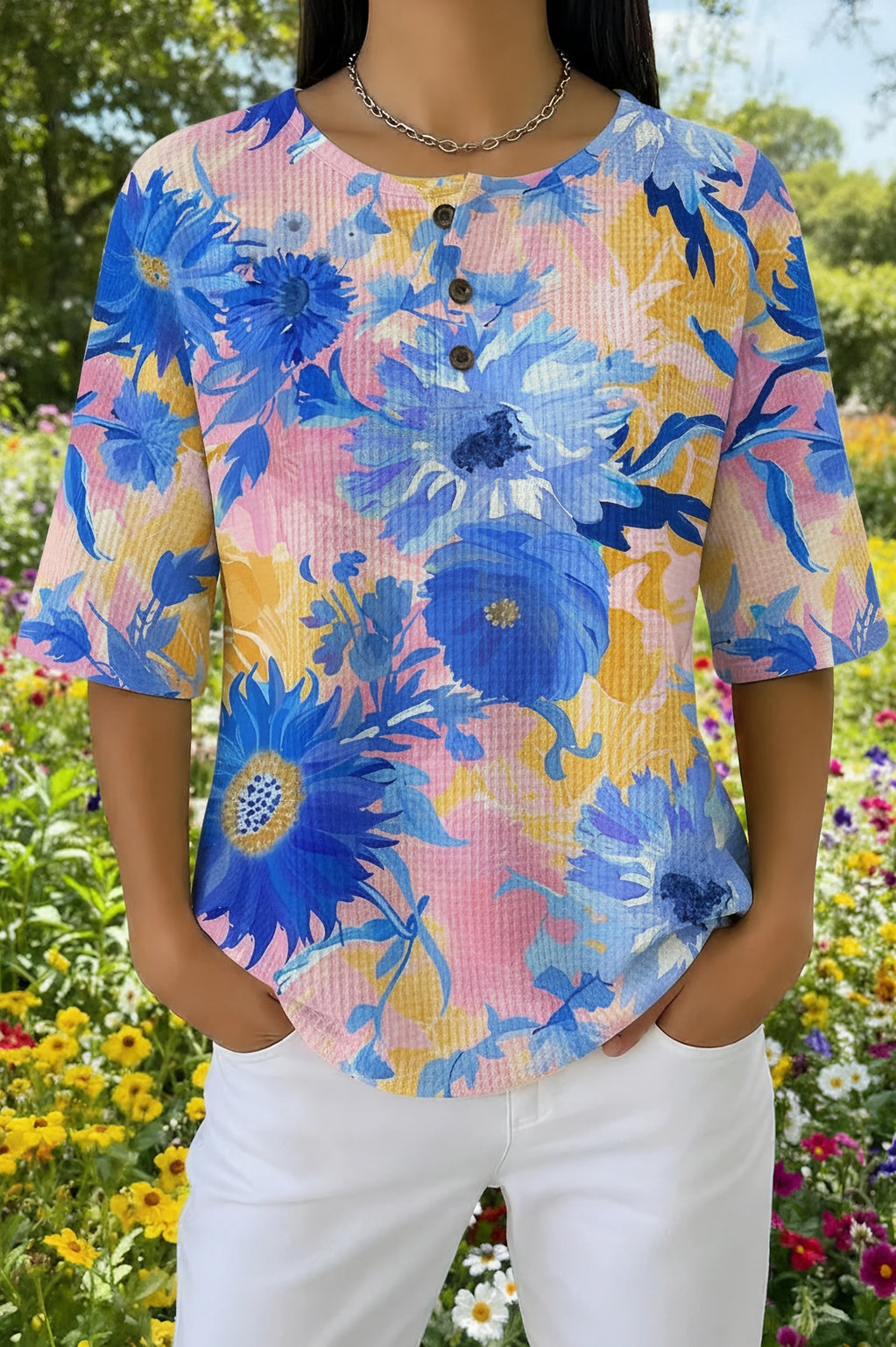 Womens Blue Abstract Floral Print Casual Waffle Cotton Shirt