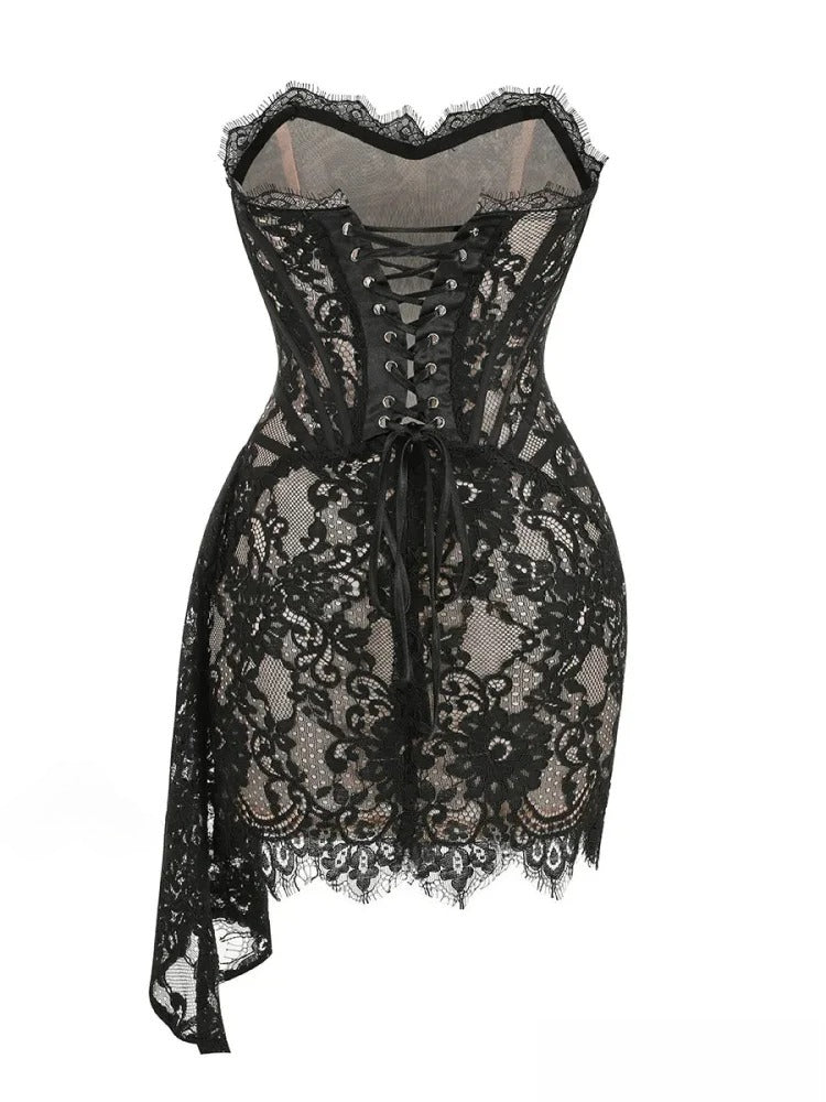 Lace Strapless Corset Boned Bodice Side Drape Mini Dress 8