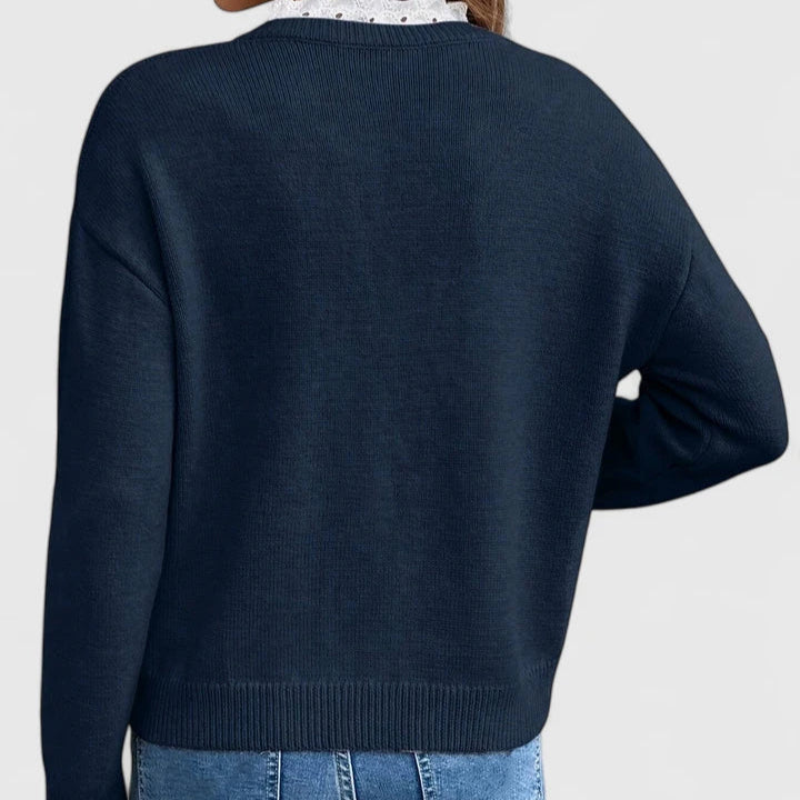 V-Neck Lace Trim Long Sleeve Sweater