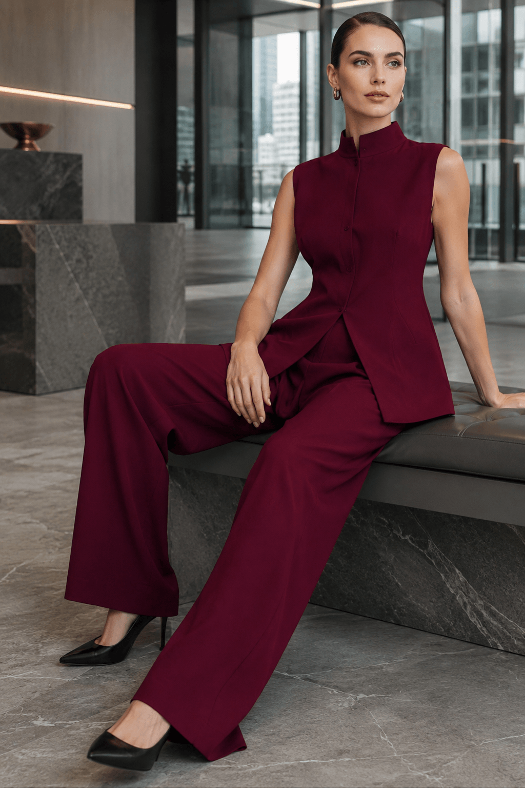 Drape Sleeveless Shirt Elegant Two Piece Work Set