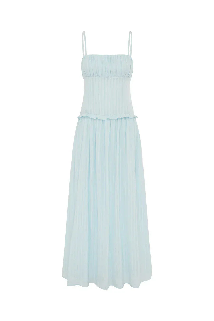 Striped Ruched Bust Spaghetti Strap Drop Waist Ruffle Trim Maxi Dress 7