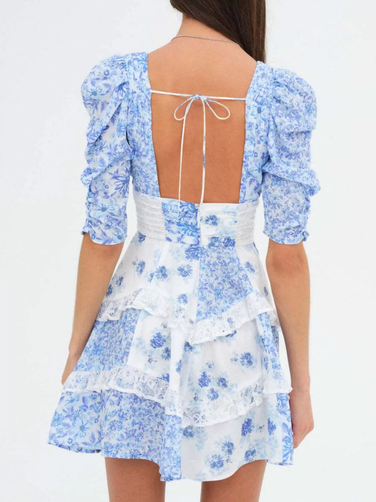 Floral Print Lace Trim Corset Waist Puff Sleeve Tiered Mini Dress 13