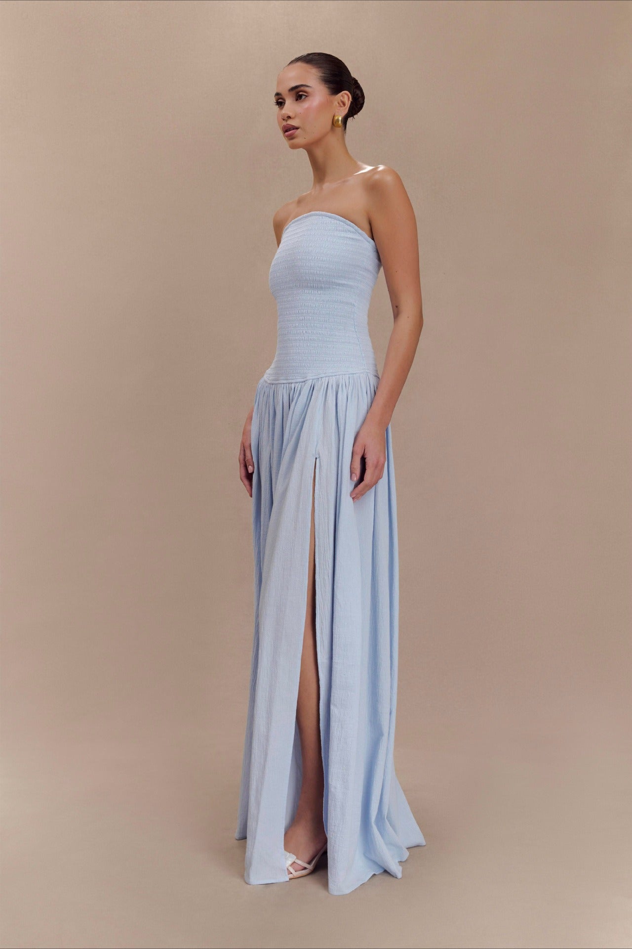 Strapless Ruched High Split Flowy Maxi Prom Dress