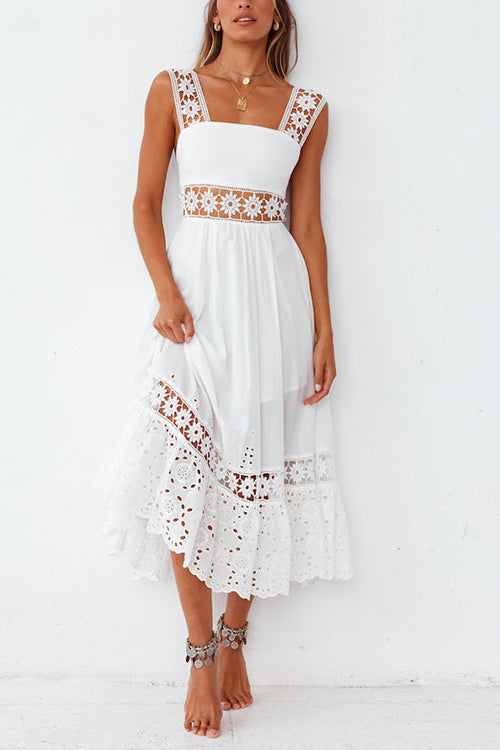 Square Neck Sleeveless Eyelet Lace Crochet Waist Pleated Tiered Ruffle Hem Midi Dress