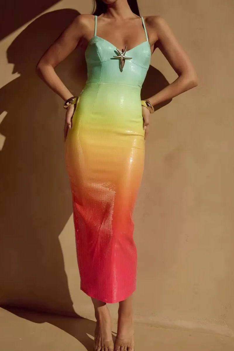 Sequin Ombre Sweetheart Spaghetti Strap Starfish Bodycon Maxi Dress