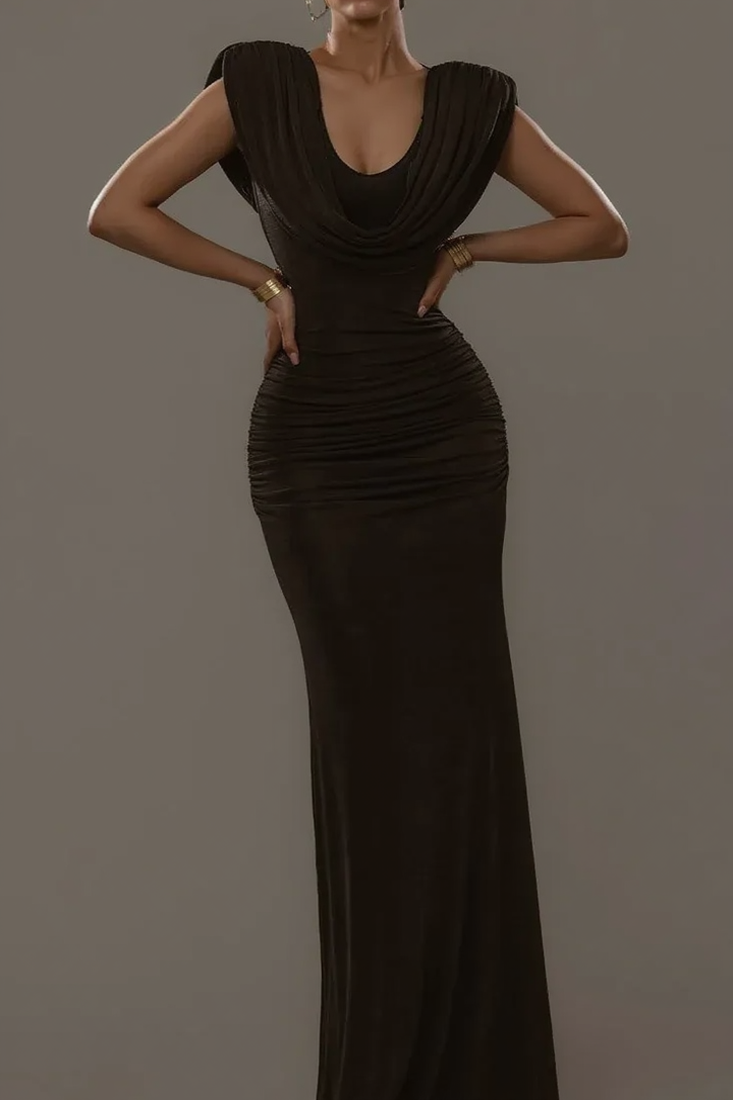 Solid Cowl Neck Ruched Waist Cinch Party Dress 3