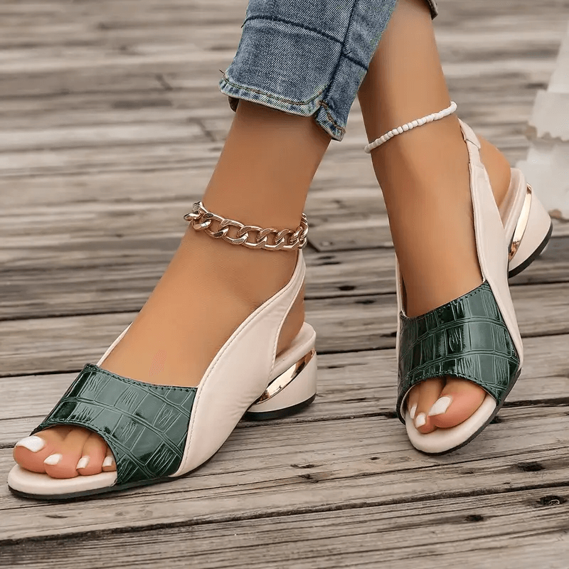 Open Toe Slingback Croc Embossed Block Heel Sandals