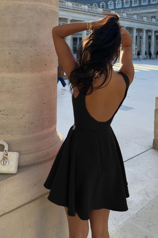 Sleeveless Boat Neck Fitted Waist Fit and Flare Mini Party Dress
