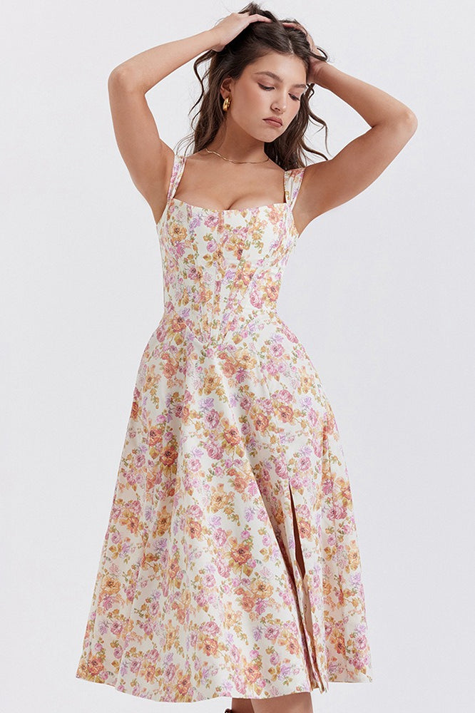 Floral Print Sweetheart Corset A-Line Midi Dress