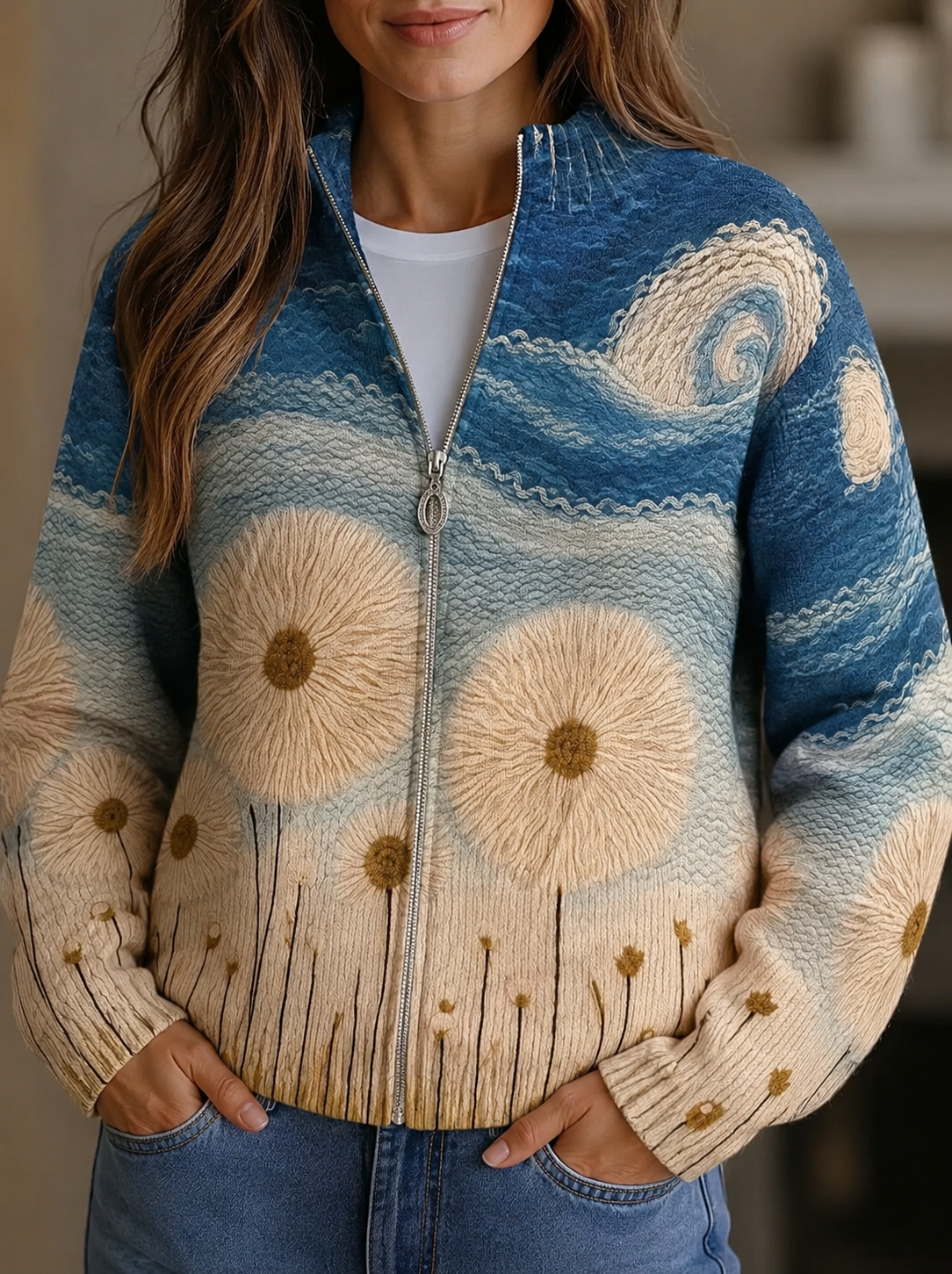 Sunflower Print Zip Front Mock Neck Knit Cardigan
