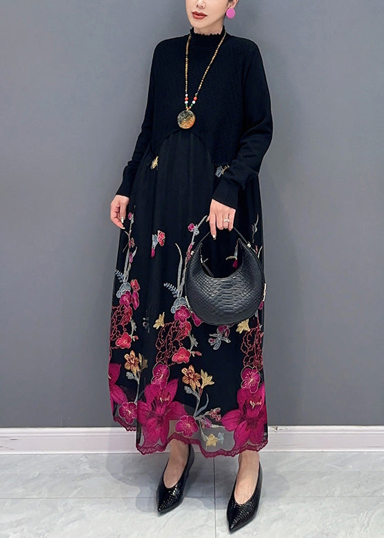 Faux Two-Piece Mock Neck Long Sleeve Floral Embroidered Mesh Scalloped Hem Maxi Dress