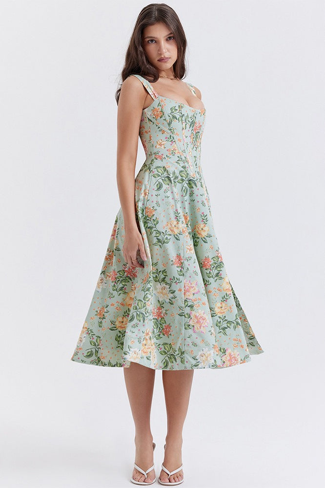Floral Print Sweetheart Corset A-Line Midi Dress