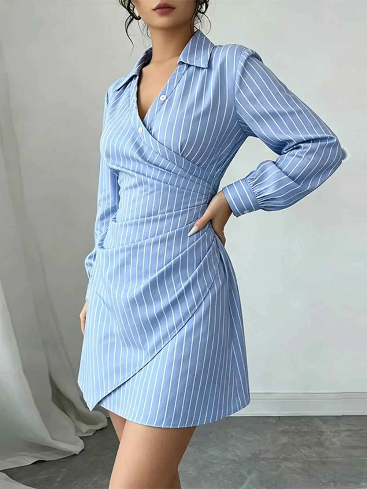 Striped Collared Wrap Front Ruched Long Sleeve Mini Shirt Dress 3