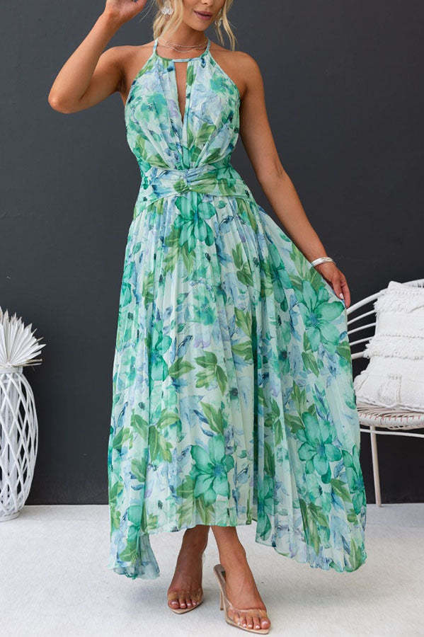 Chiffon Halter Neck Keyhole Twist Waist Pleated Floral Maxi Dress