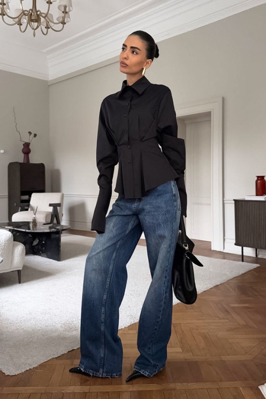 Collared Long Sleeve Pleated Cinched Waist Button Front Shirt 5