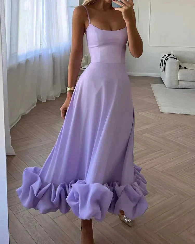 Spaghetti Strap Scoop Neck Puff Ruffle Hem A-Line Maxi Gown