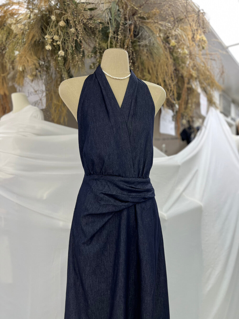 Denim Halter Neck Sleeveless Twist Waist Maxi Dress 5