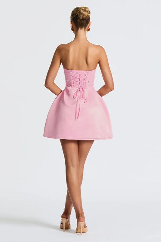Strapless Satin Bow Back Fit and Flare Mini Party Dress
