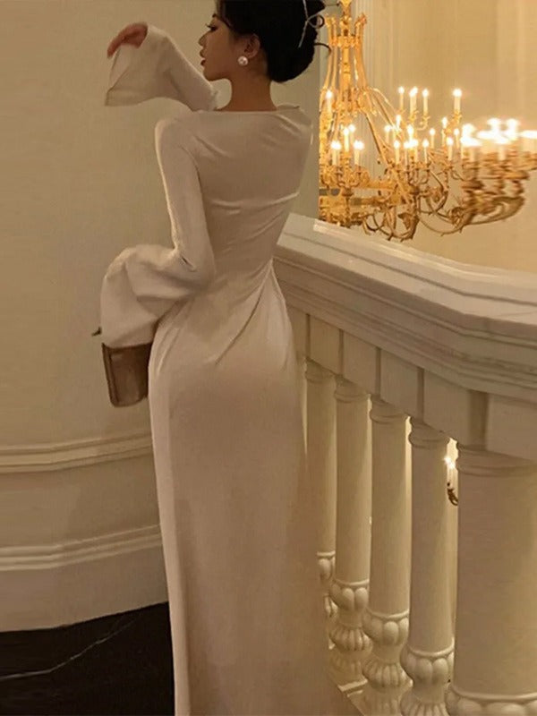 Satin Boat Neck Long Sleeve Bell Cuff Column Maxi Gown