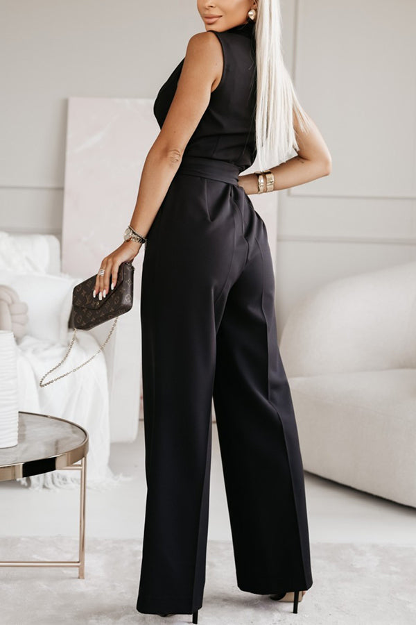 Lapel Collar Sleeveless Belted Wide Leg Formal Jumpsuit