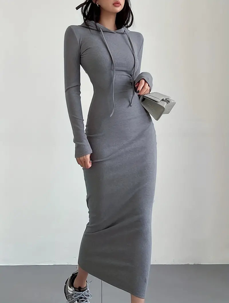 Hooded Drawstring Long Sleeve Bodycon Maxi Dress 5