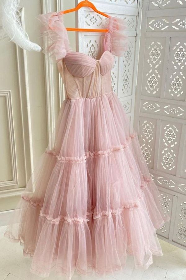 Cute A Line Pink Tulle Short Prom Dress, Pink Evening Party Dress