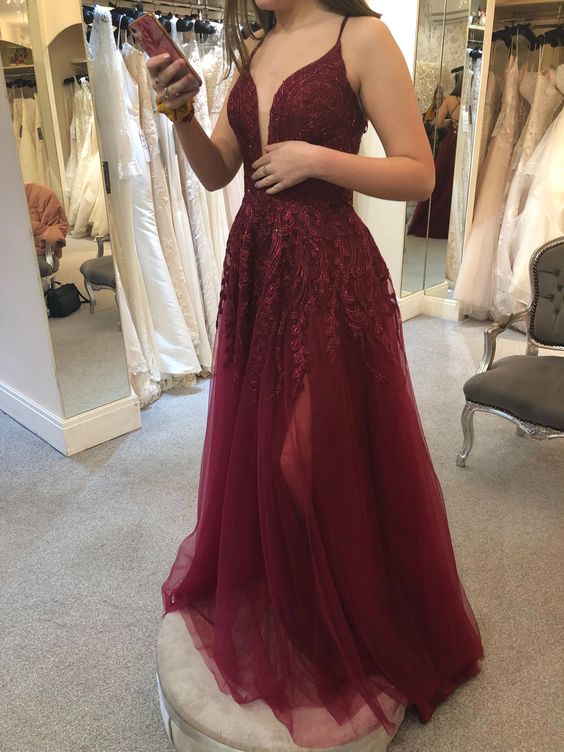 A Line Burgundy Tulle Prom Dress with Split fg4658