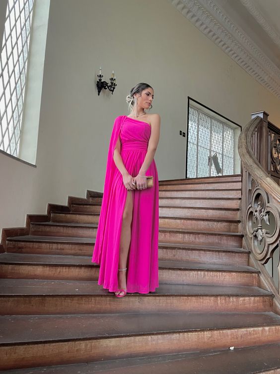 A Line Cape One Shoulder Sexy High Slit Elegant Formal Evening A-line Long Prom Dresses fg4781