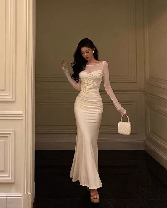 Mermaid Dress Women Patchwork Long Sleeves Vintage Solid Evening Party Gown fg5313