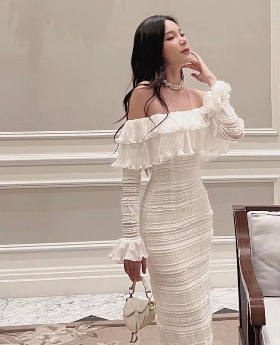 Elegant White Midi Dress Office Lady Long Sleeve Sexy Beach Party Bodycon Dress