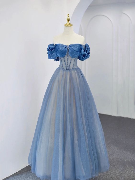Blue Tulle Beaded Long Prom Dress Off The Shoulder Evening Party Dress