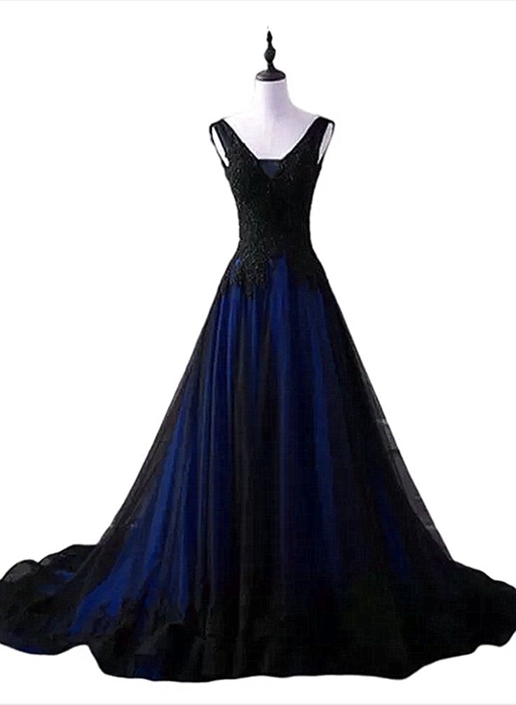 Black And Blue V-Neckline Lace Applique Long Formal Dress Black And Blue Prom Dress