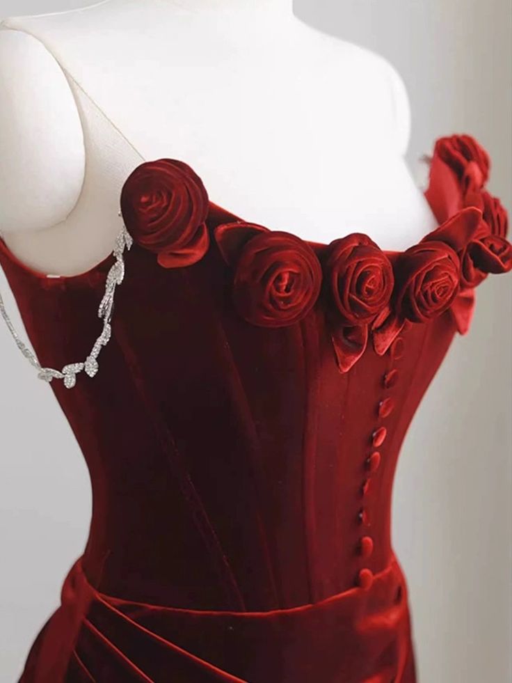 Red velvet evening dress, floral prom dress, chic mermaid dress,custom made fg4923