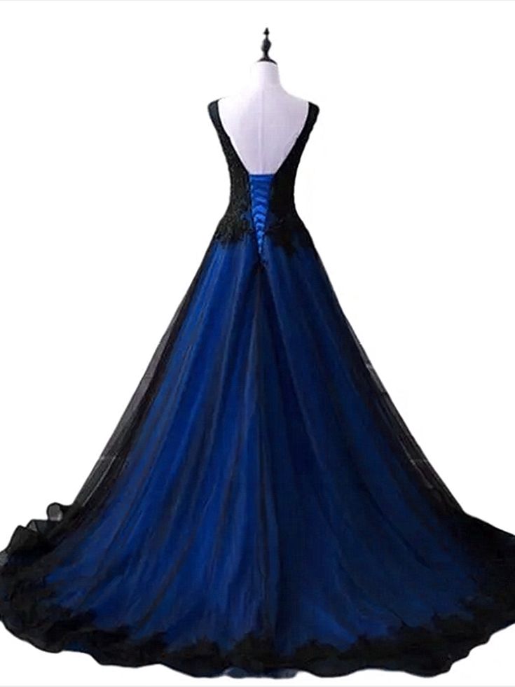Black And Blue V-Neckline Lace Applique Long Formal Dress Black And Blue Prom Dress