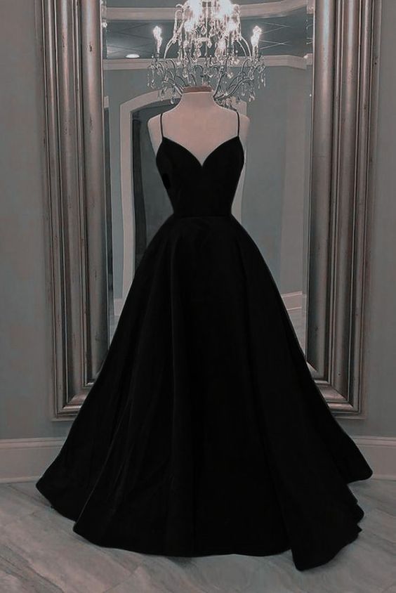 Black Spaghetti Straps Long Prom Dresses A Line Formal Evening Dress